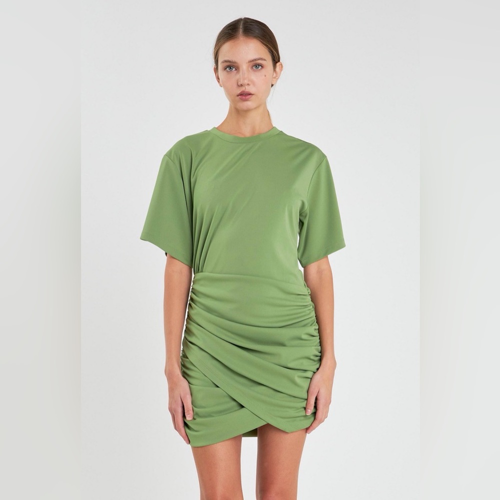 Grey Lab Asymmetric Ruched Mini Dress Green Short Sleeve Round Neck Size L NWT